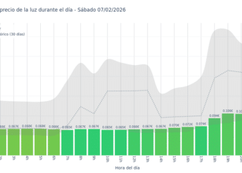Gráfico de precios de la luz por horas para el Sábado 7 de Febrero de 2026