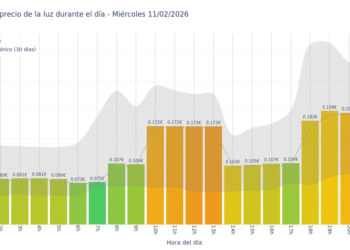 Gráfico de precios de la luz por horas para el Miércoles 11 de Febrero de 2026