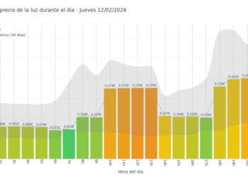 Gráfico de precios de la luz por horas para el Jueves 12 de Febrero de 2026