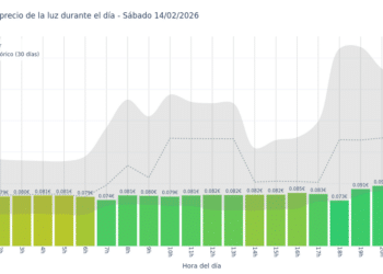 Gráfico de precios de la luz por horas para el Sábado 14 de Febrero de 2026
