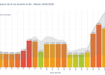 Gráfico de precios de la luz por horas para el Martes 24 de Febrero de 2026