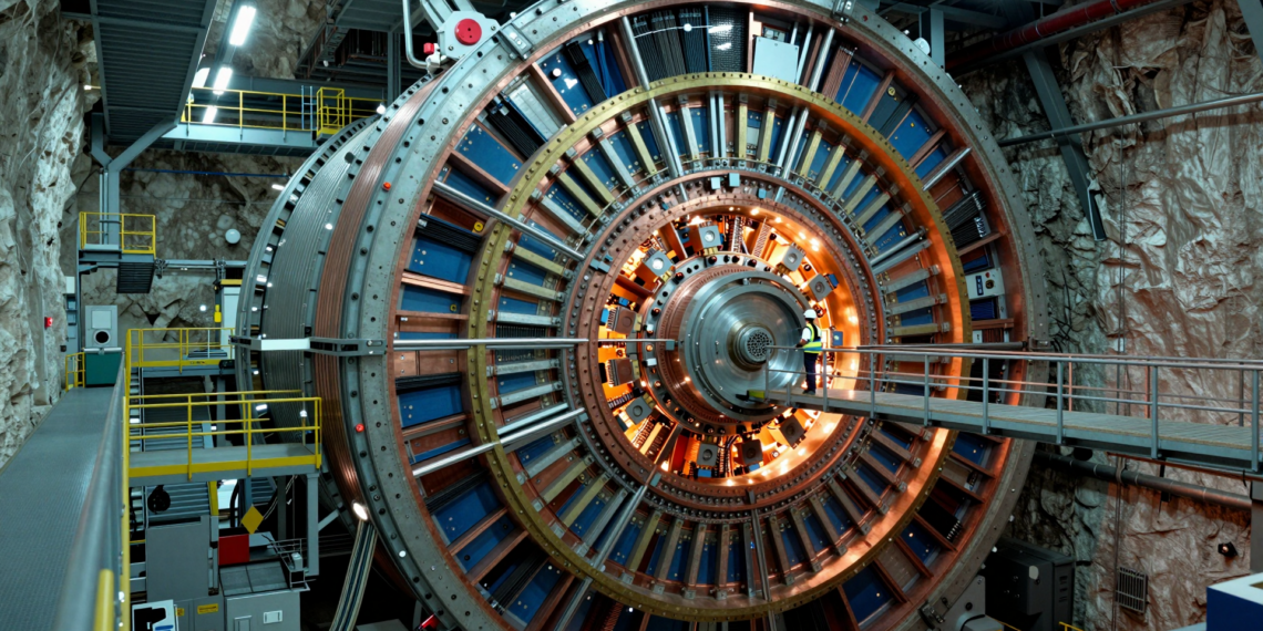 Llevaba 20 años siendo un "fantasma" de la física: el CERN acaba de demostrar que el primo pesado del protón es real 1 Wide-angle view of the LHCb detector at CERN, showcasing its intricate design and a physicist in awe.