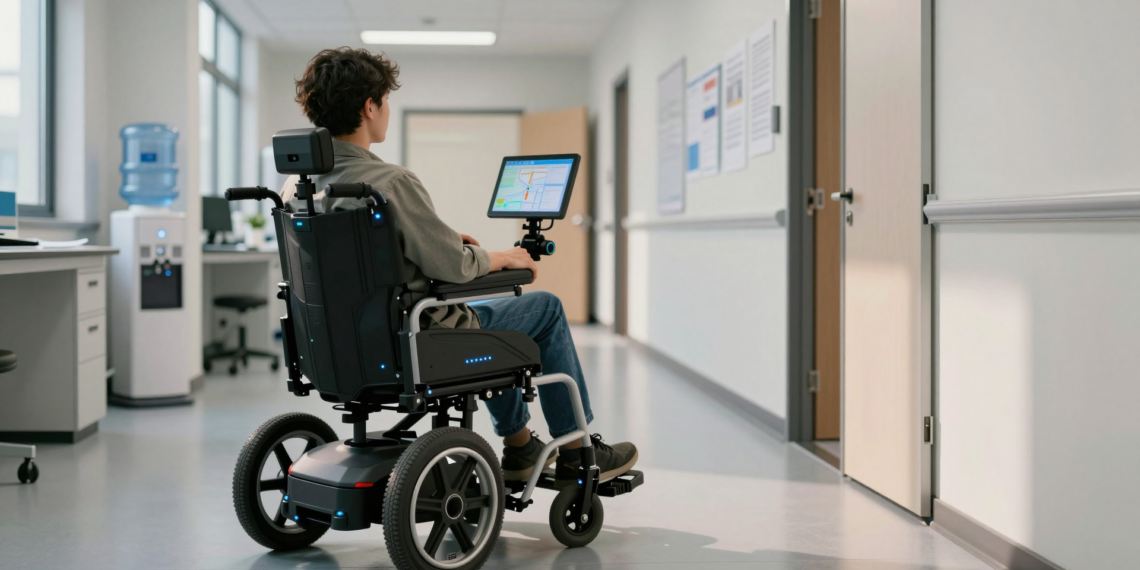 Autonomous electric wheelchair navigating a lab, showcasing AI technology and user trust.