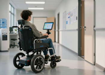 Autonomous electric wheelchair navigating a lab, showcasing AI technology and user trust.