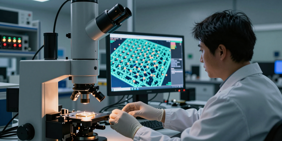 Scientist adjusting an electron microscope showing atomic lattice imperfections in semiconductor research lab.