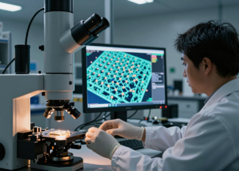 Scientist adjusting an electron microscope showing atomic lattice imperfections in semiconductor research lab.