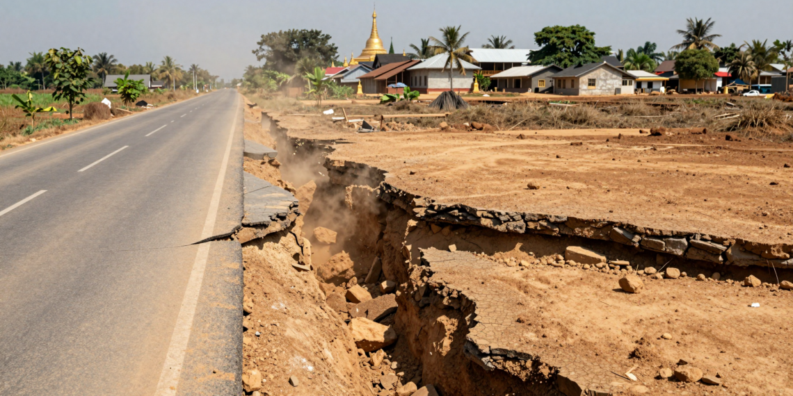 Ground rupture in Southeast Asia showing a dramatic split in the earth with significant displacement.