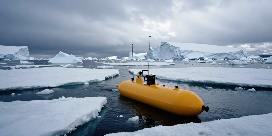 Robots sumergidos bajo la Antártida descubren qué liberó décadas de calor atrapado bajo el hielo 1 Argo robotic float surfaces among fractured Antarctic ice, revealing dark ocean water and ice shelves under a cloudy sky.