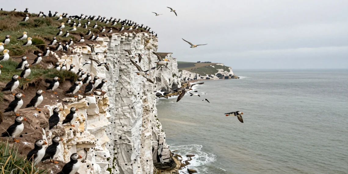 Dos clérigos y un dandi: la insólita alianza que salvó medio millón de aves marinas en los acantilados de Yorkshire 1 Dramatic view of Bempton Cliffs with seabirds in flight above the North Sea, showcasing nature's beauty.