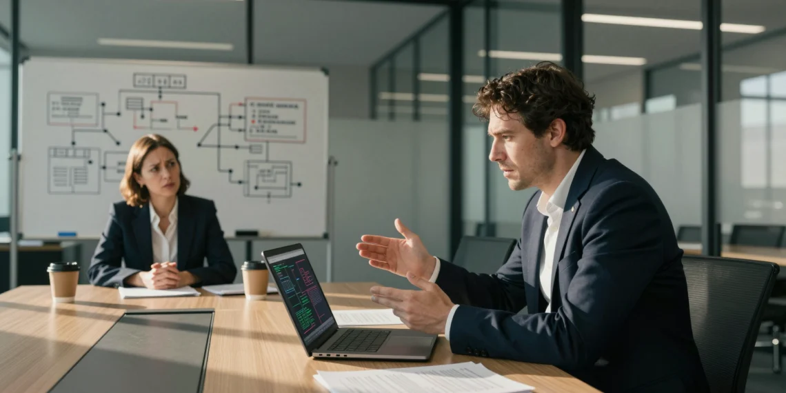 Nadie entiende a los ingenieros, pero el problema no es lo que crees: la habilidad invisible que separa a los buenos de los brillantes 1 Engineer explaining complex diagrams to a confused executive in a corporate conference room.