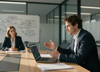 Nadie entiende a los ingenieros, pero el problema no es lo que crees: la habilidad invisible que separa a los buenos de los brillantes 8 Engineer explaining complex diagrams to a confused executive in a corporate conference room.