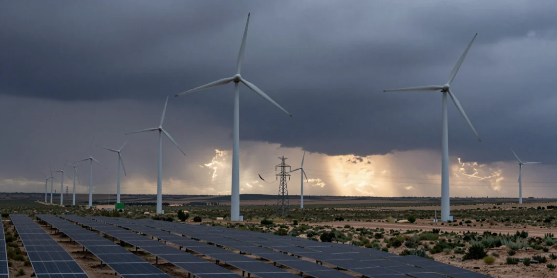 Las renovables iban a ser la energía más barata, pero los apagones y la dependencia de subsidios cuentan otra historia 1 Wide-angle view of idle wind turbines and solar panels on a Spanish landscape, symbolizing energy instability.