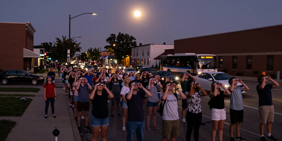 Millones de personas se detuvieron a la vez durante el eclipse de 2024 — y el suelo bajo sus pies lo delató 1 Crowd stands still during the 2024 solar eclipse in an American city, captured with twilight hues and seismograph detail.
