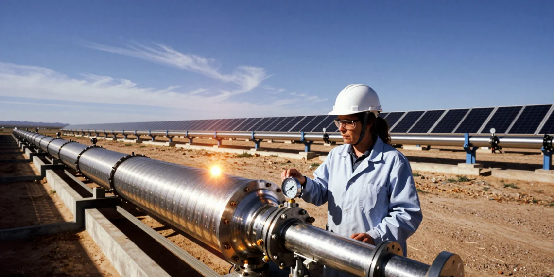 Nadie quiso usar gas para calentar fábricas con el sol — hasta que un equipo español cambió una pieza clave del sistema 1 Female engineer beside innovative solar thermal receiver in a sunlit Spanish research facility