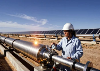 Nadie quiso usar gas para calentar fábricas con el sol — hasta que un equipo español cambió una pieza clave del sistema 5 Female engineer beside innovative solar thermal receiver in a sunlit Spanish research facility