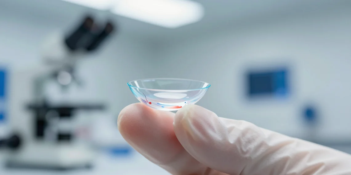 Macro image of a translucent contact lens with microchannels for glaucoma detection and drug release.