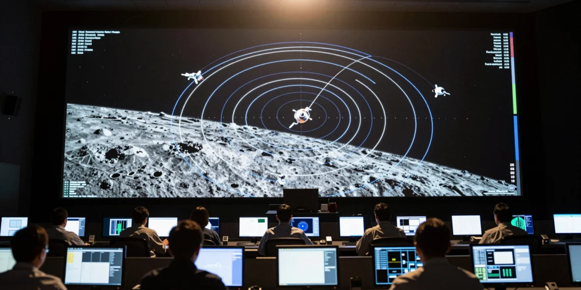 Artemis 2 y Tiangong batieron un récord inesperado: la mayor distancia jamás registrada entre seres humanos en el espacio 1 A cinematic view of mission control showing a lunar trajectory map and flight controllers during Artemis 2.