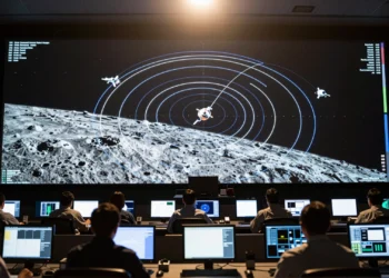 Artemis 2 y Tiangong batieron un récord inesperado: la mayor distancia jamás registrada entre seres humanos en el espacio 5 A cinematic view of mission control showing a lunar trajectory map and flight controllers during Artemis 2.