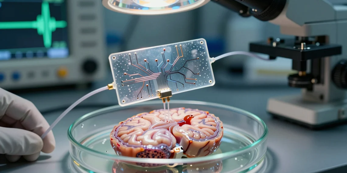 Neuronas artificiales impresas logran activar células cerebrales vivas por primera vez: un puente entre máquinas y cerebro 1 Close-up of printed artificial neurons near living brain tissue under a microscope
