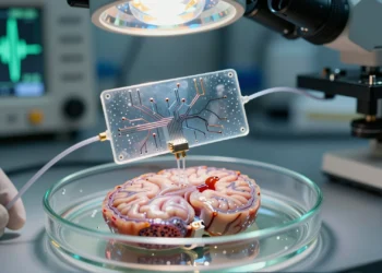 Neuronas artificiales impresas logran activar células cerebrales vivas por primera vez: un puente entre máquinas y cerebro 4 Close-up of printed artificial neurons near living brain tissue under a microscope