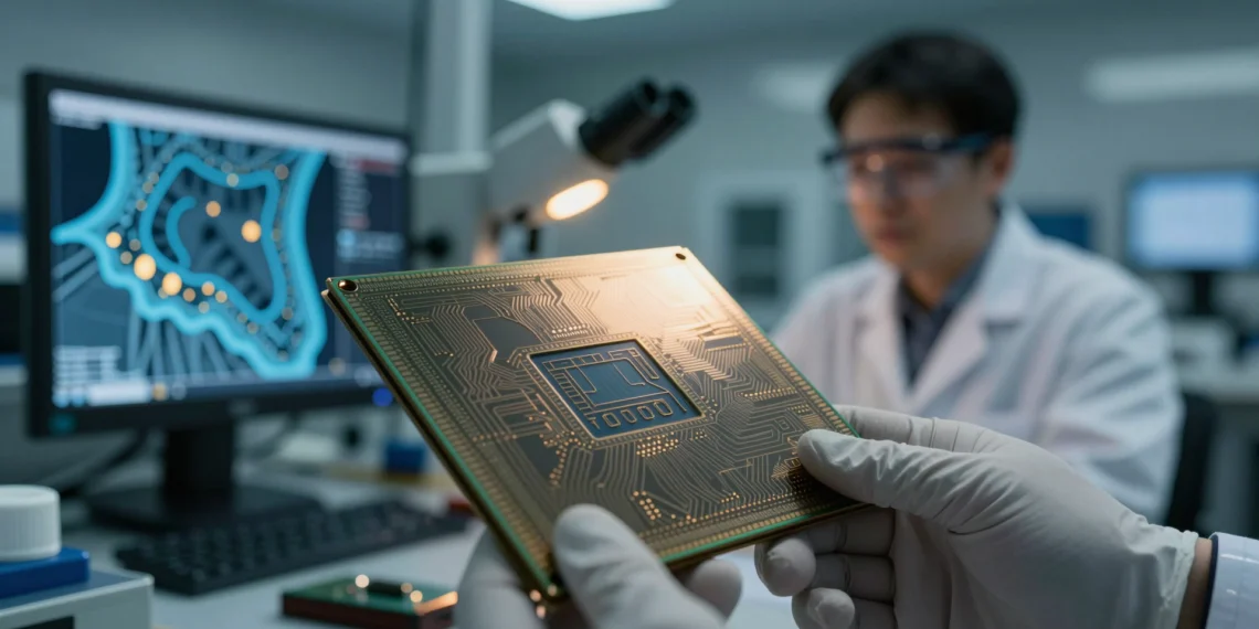 Nadie había visto el interior de un transistor moderno átomo a átomo — cuando al fin lo lograron, descubrieron unas inquietantes "mordeduras" invisibles 1 Close-up of a silicon wafer in a cleanroom, revealing nanoscale defects and intricate patterns.