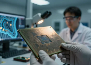 Nadie había visto el interior de un transistor moderno átomo a átomo — cuando al fin lo lograron, descubrieron unas inquietantes "mordeduras" invisibles 2 Close-up of a silicon wafer in a cleanroom, revealing nanoscale defects and intricate patterns.
