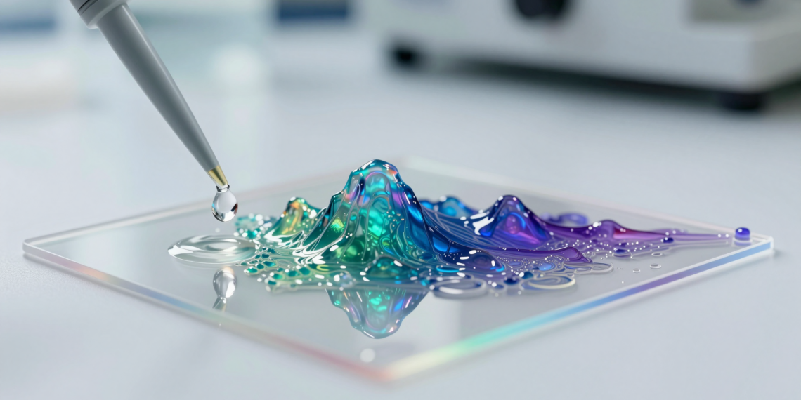 Stanford crea un polímero que cambia de color y textura con solo una gota de agua, imitando la piel del pulpo 1 Close-up of a polymer film transforming with water, showcasing vibrant colors and textures like octopus skin.