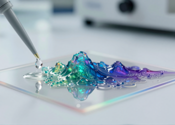 Stanford crea un polímero que cambia de color y textura con solo una gota de agua, imitando la piel del pulpo 4 Close-up of a polymer film transforming with water, showcasing vibrant colors and textures like octopus skin.