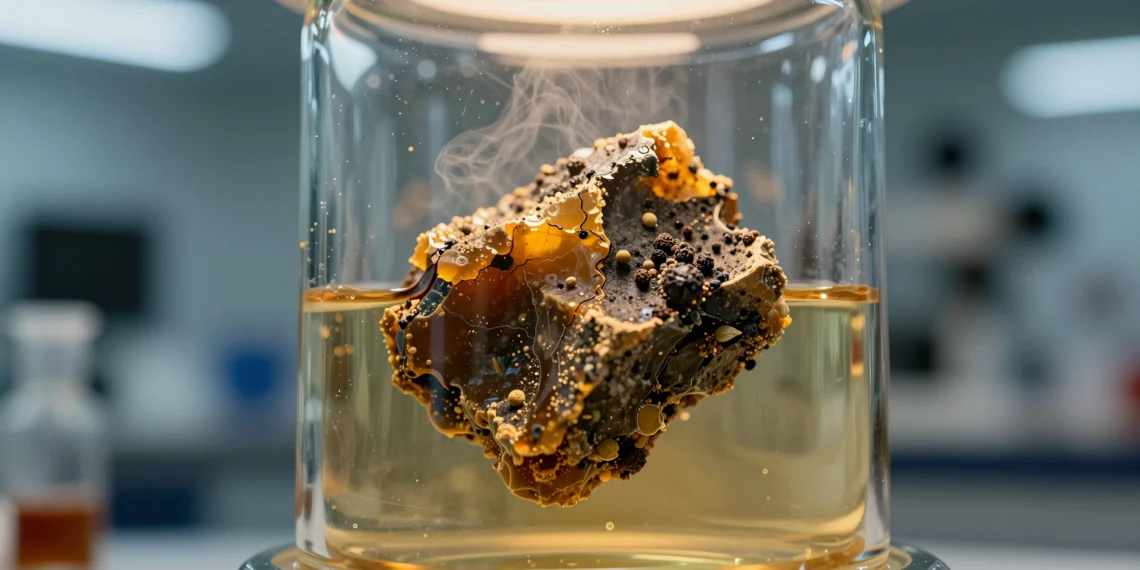 Momias egipcias llevan miles de años desprendiendo un olor que nadie había sabido leer — hasta ahora 1 Close-up of ancient Egyptian mummy balm fragment in glass vessel, showcasing textures and colors.