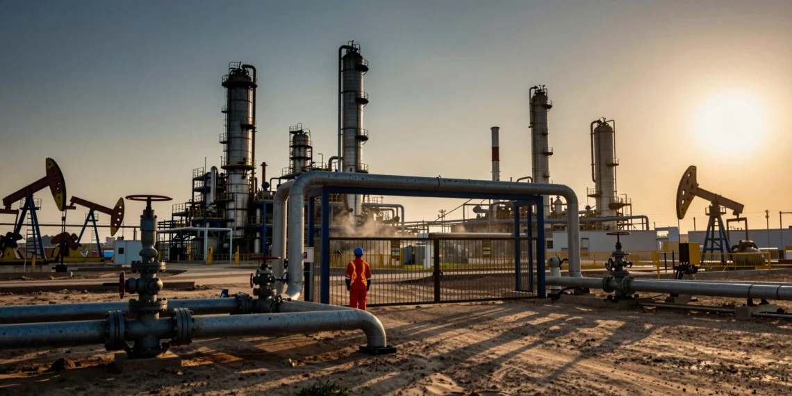 Miles de operadores petroleros creen estar exentos de la normativa EPA, pero la protección se esfuma en la puerta de la refinería 1 Operator at the gate of a petroleum refinery, highlighting regulatory challenges in oil production.