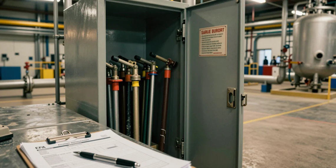 Ningún soplete encendido, ningún problema: el mito que pone en riesgo a decenas de plantas ante la EPA 1 Industrial safety locker with unused welding equipment and compliance paperwork in a chemical plant.