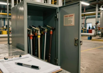 Ningún soplete encendido, ningún problema: el mito que pone en riesgo a decenas de plantas ante la EPA 8 Industrial safety locker with unused welding equipment and compliance paperwork in a chemical plant.