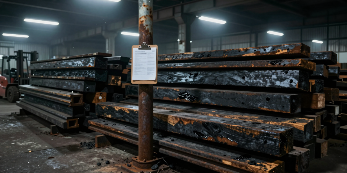 Madera tratada con creosota: la exención "segura" que podría estar dejando a miles de fabricantes fuera de la ley 1 Dimly lit warehouse with creosote-treated wooden ties and poles, highlighting regulatory neglect.