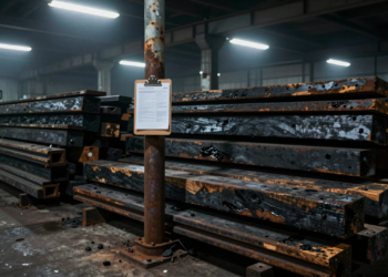 Madera tratada con creosota: la exención "segura" que podría estar dejando a miles de fabricantes fuera de la ley 7 Dimly lit warehouse with creosote-treated wooden ties and poles, highlighting regulatory neglect.