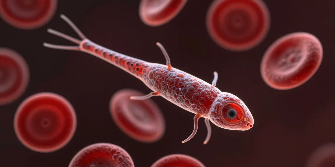 Un parásito mortal se oculta en la sangre humana destruyendo sus propias instrucciones genéticas: científicos descubren cómo lo hace 1 Extreme macro photo of a trypanosoma parasite in human blood, showcasing its glistening body and red blood cells.