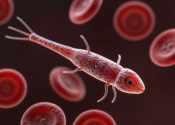 Un parásito mortal se oculta en la sangre humana destruyendo sus propias instrucciones genéticas: científicos descubren cómo lo hace 7 Extreme macro photo of a trypanosoma parasite in human blood, showcasing its glistening body and red blood cells.
