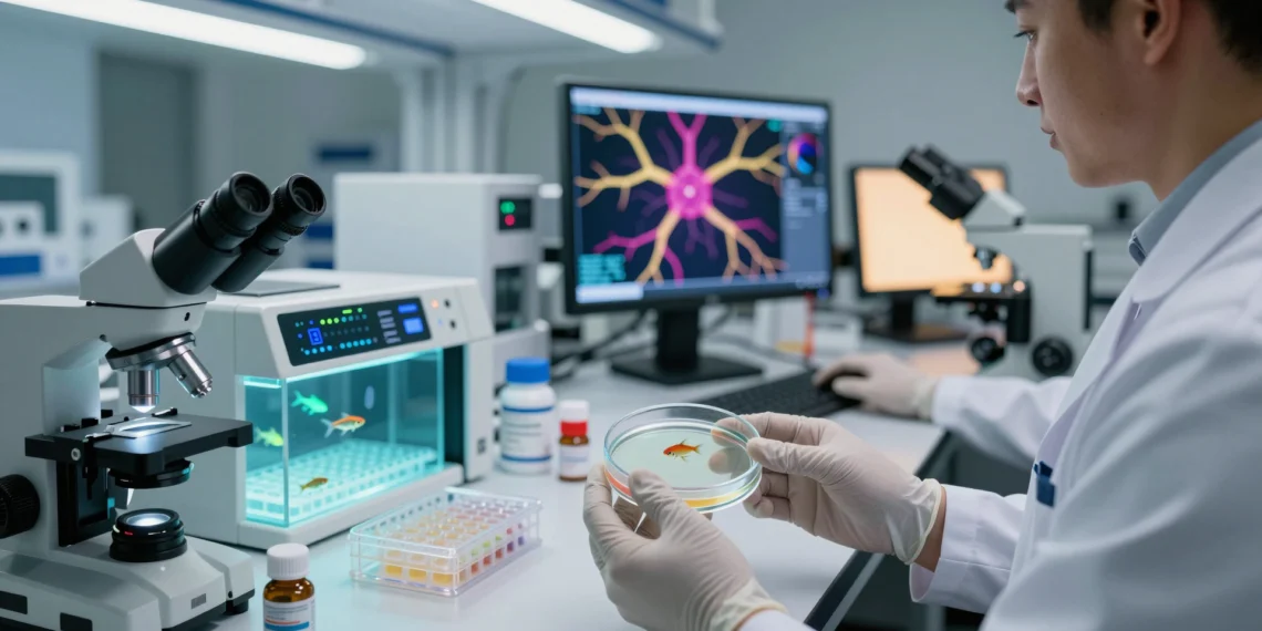 Researcher examining zebrafish larvae in a lab, symbolizing autism mutation repair through a supplement.