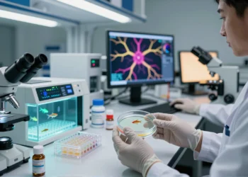 Un suplemento que cuesta céntimos logró reparar neuronas humanas con mutaciones de autismo — y llevaba décadas en las estanterías de las farmacias 4 Researcher examining zebrafish larvae in a lab, symbolizing autism mutation repair through a supplement.