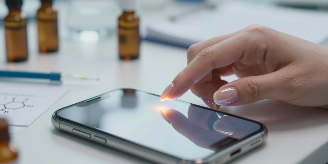 A woman's hand with long, glossy nails taps a smartphone screen, showcasing a transparent nail polish for touchscreen use.