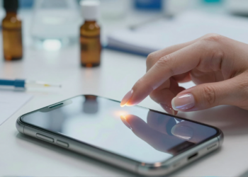 Un esmalte de uñas transparente que permite usar pantallas táctiles con uñas largas: la fórmula química detrás de la idea 9 A woman's hand with long, glossy nails taps a smartphone screen, showcasing a transparent nail polish for touchscreen use.