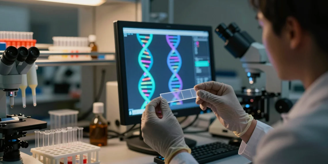 Researcher examining DNA strands under fluorescence microscope in a modern lab