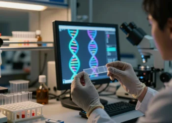 Researcher examining DNA strands under fluorescence microscope in a modern lab