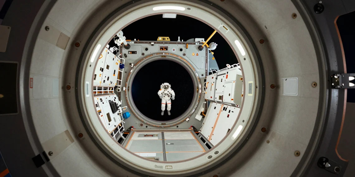 Oversized docking adapter in spacecraft corridor, highlighting revolutionary design and scale for open-standard space.