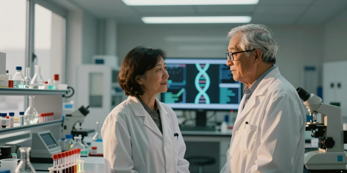Dos científicos ganan el Breakthrough Prize por la investigación que hizo posible la primera terapia CRISPR contra la anemia falciforme 1 Two senior scientists in a lab celebrate CRISPR breakthrough against sickle cell anemia.
