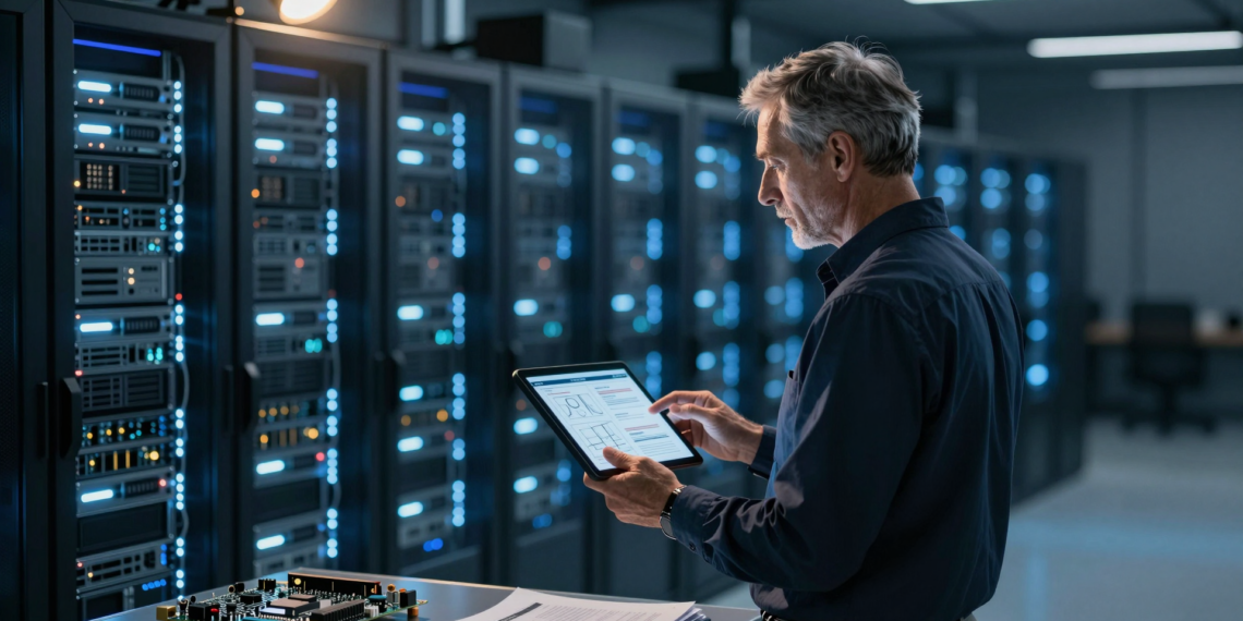 Engineer in a data center analyzing proprietary schematics among glowing server racks