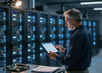Engineer in a data center analyzing proprietary schematics among glowing server racks