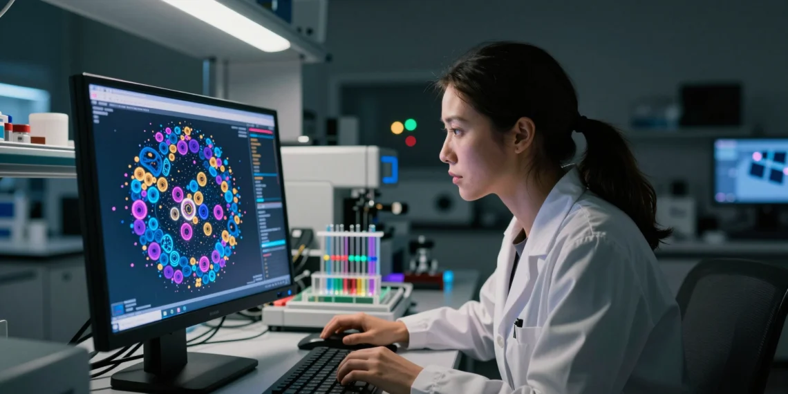 Más de un millón de células analizadas una a una revelan por qué algunos embarazos se tuercen desde el principio 1 Female scientist analyzing a cellular map in a biomedical research lab, highlighting pregnancy complications.