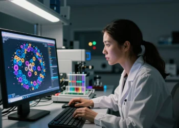 Más de un millón de células analizadas una a una revelan por qué algunos embarazos se tuercen desde el principio 7 Female scientist analyzing a cellular map in a biomedical research lab, highlighting pregnancy complications.