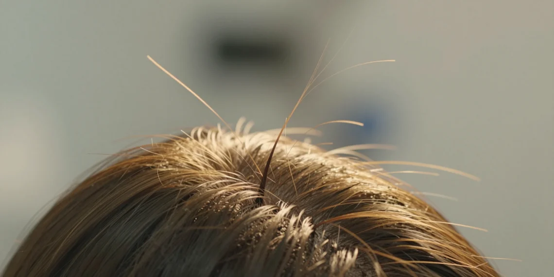 Nuestro pelo no crece como creíamos: un "motor" oculto dentro del folículo tira del cabello hacia arriba 1 Close-up of a single luminous hair strand emerging from a healthy scalp, highlighting follicle texture.