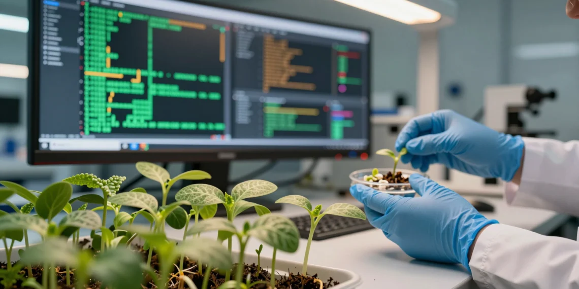 Llevaban 400 millones de años ahí: 2,3 millones de "interruptores" genéticos ocultos en las plantas acaban de revelarse 1 Close-up of seedlings in a plant genomics lab, showcasing genetic research with vibrant colors and technology.
